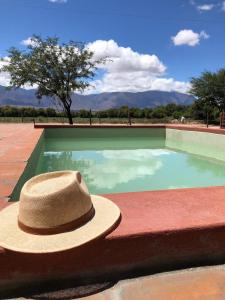 a straw hat sitting next to a swimming pool at Cabañas Bella Vista in San Carlos