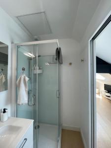 a bathroom with a glass shower and a sink at Cοcοοn in Dinan