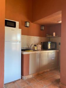 a kitchen with a white refrigerator and a microwave at Cabañas Bella Vista in San Carlos +1 photo