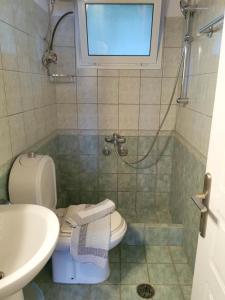 a bathroom with a shower and a toilet and a sink at MARINA in Perama +23 photos