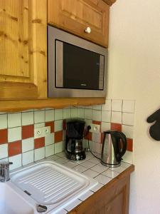 a kitchen counter with a sink and a microwave at Les Frahans in Samoëns