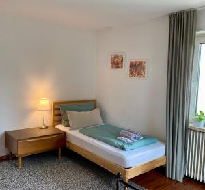 een slaapkamer met een bed, een tafel en een raam bij Allgäulodge Memmingen in Memmingen