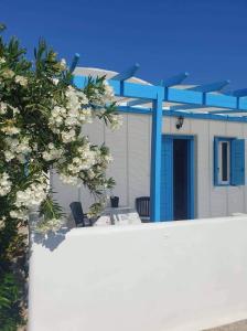 une clôture blanche avec des arbres à fleurs et une maison dans l'établissement Alice Maisonette & Studios, à Adamas