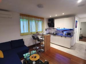 a living room with a blue couch and a kitchen at Central park Ribnjak in Zagreb