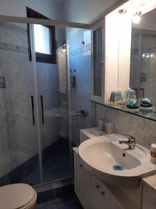 a bathroom with a sink and a shower and a toilet at Villa Idilico in Nea Kalikratia
