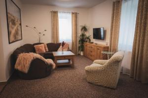 Hotel Apartment Faraon في رومبورك: غرفة معيشة مع أريكة وكراسي وتلفزيون