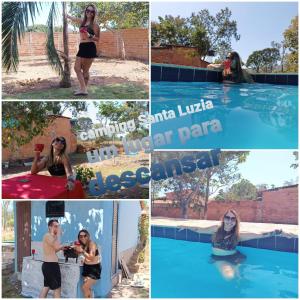 eine Collage von Fotos von Menschen in einem Schwimmbad in der Unterkunft Camping Santa Luzia in Pirenópolis