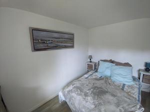 een slaapkamer met een bed en een foto aan de muur bij Appartement entier, vue sur rivière & cathédrale. in Plouguiel