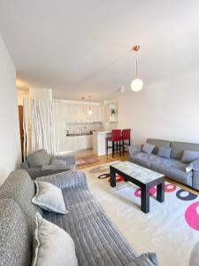 ein Wohnzimmer mit 2 Sofas und einem Tisch in der Unterkunft Apartman Vesna City 2. PG in Podgorica