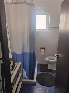 a bathroom with a toilet and a shower curtain at Apartment Lili in Lukovo