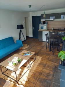 un soggiorno con divano blu e tavolo di Appartement 3 pièces centre ancien de tulle a Tulle