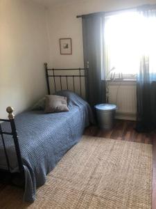 - une chambre avec un lit, une fenêtre et un tapis dans l'établissement Gatehouse at unique farm, neighbour to yaks & emus, à Höör