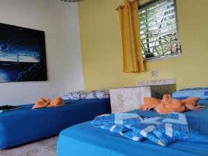 a room with three blue beds with stuffed animals on them at Boca Brava Lodge in Boca Chica