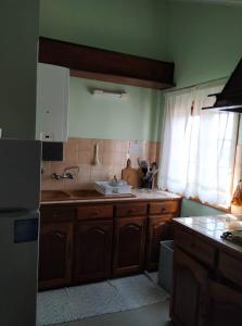 a kitchen with wooden cabinets and a sink and a refrigerator at Sousa e Inês House in Gafanha da Nazaré