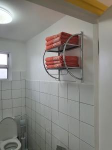 La salle de bains est pourvue de toilettes et de serviettes murales. dans l'établissement Villa Raven´s Paradise (Verde), à Willemstad