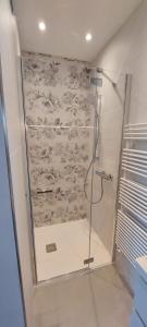 La salle de bains est pourvue d'une douche avec une porte en verre. dans l'établissement CASA TOTI, à Malcesine