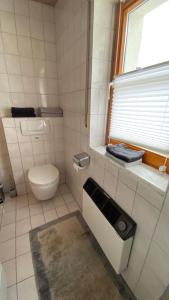 een kleine badkamer met een toilet en een raam bij Ferienwohnung Mayer in Bad Schussenried
