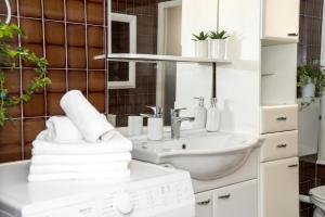 a bathroom with a sink and a washing machine at Apartments Doris in Zadar