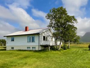an old white house with a tree in a field at The Birch Grove House Lofoten in Alstad