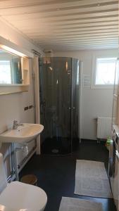 La salle de bains est pourvue d'une douche et d'un lavabo. dans l'établissement Året runt i väldigt härlig natur Bo på lantgård, à Rimforsa