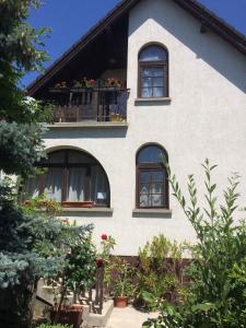 ein weißes Haus mit Fenstern und einem Balkon mit Blumen in der Unterkunft Apartment Orvenyes 1 in Örvényes