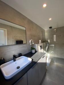 een badkamer met een witte wastafel en een spiegel bij La Verda in Bonifacio