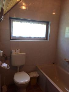 ein Bad mit einem WC, einer Badewanne und einem Fenster in der Unterkunft Apartment Orvenyes 1 in Örvényes