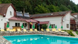 a hotel with a swimming pool in front of two buildings at Pensiunea Alpin in Păltiniş