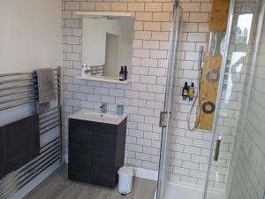 a bathroom with a sink and a shower with a mirror at Lochaline Hotel in Lochaline