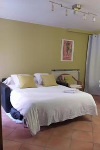 a bedroom with a large bed with white sheets at Chambres d'hôtes indépendantes au rez-de-chaussée d'une maison provençale dont une avec cour intérieure in Tarascon