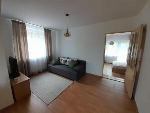 salon z niebieską kanapą i lustrem w obiekcie Apartament Koninki w mieście Koninki