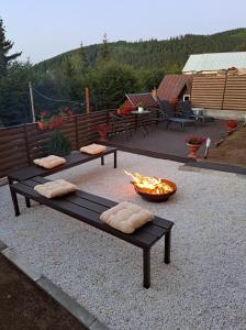a patio with two benches and a fire pit at Pensiunea Adriana Straja in Straja