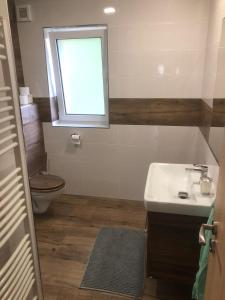 een badkamer met een wastafel, een toilet en een raam bij Apartmán Lomňanka in Dolní Lomná