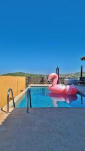 una piscina con un inflador rosa en el agua en Savannah suite en ‘Isfiyā