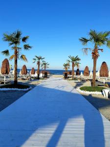 una pasarela en la playa con palmeras y el océano en ONIX BLUE BEACH MAMAIA NORD, en Năvodari