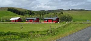 two red cabins in a field next to a road at New and well furnished studio apartment for two 30 km from Kirkjubæjarklaustur Perfect place to stay at right between Black beach and Jökulsárlón in Kirkjubæjarklaustur