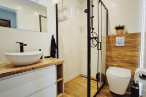 a bathroom with a sink and a toilet at Leśne zacisze - dom z kominkiem i balią in Jordanów