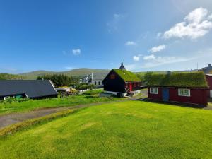 a house with a green roof with a grass yard at Turf House Cottage - Near Airport in Miðvágur