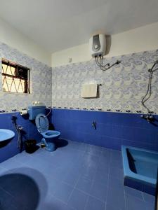 a blue bathroom with a toilet and a sink at Casa Casita Candolim in Candolim