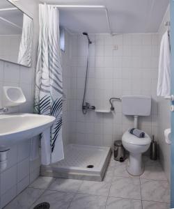 een witte badkamer met douche en toilet bij Villa Maria Apts in Kato Gouves