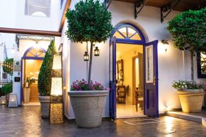 une entrée à un bâtiment avec de grandes plantes en pot dans l'établissement Armata Boutique Hotel, à Spetses