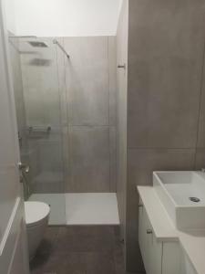 a bathroom with a shower and a toilet and a sink at Simon Studios and Apartments in Sitia