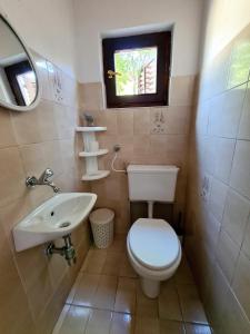 a bathroom with a toilet and a sink at Orkula Hidden Paradise- Robinson Holiday House in Banj