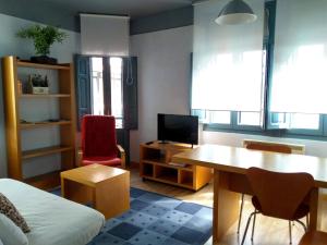 a living room with a couch and a table and a television at Apartamentos Legazpi in Cangas del Narcea