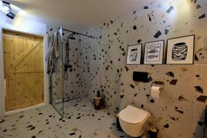 a bathroom with a toilet and a glass shower stall at Apartament Old School in Ustronie Morskie +12 photos
