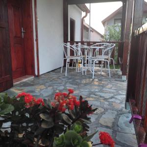 a patio with white chairs and a table with red flowers at BAH house in Kolašin
