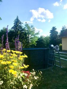 um jardim com flores e uma escada e uma cerca em Viharsarki Apartman em Gyula