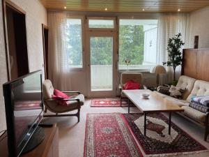 a living room with a tv and a couch and a table at Vintage Bocksbergblick Ferienpark Hahnenklee in Hahnenklee-Bockswiese