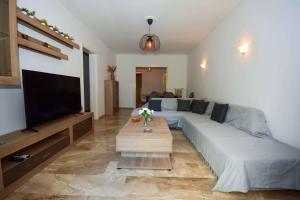 ein Wohnzimmer mit einem großen Sofa und einem TV in der Unterkunft Filoxenia Apartment Athens in Athen