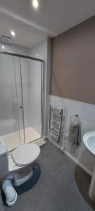 y baño con aseo, ducha y lavamanos. en Cala Sith Guesthouse, en Port Ellen